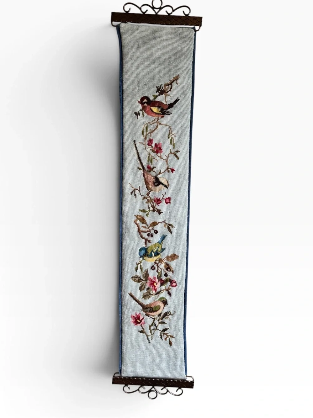 Vintage Blue Cross Stitch Bird & Floral Tapestry Bell Pull Wall Hanging